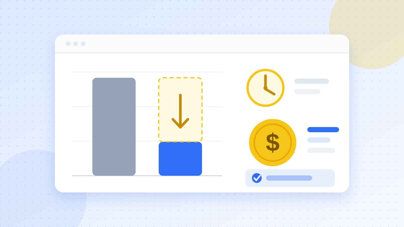 Ilustración de un gráfico de barras que compara las horas de trabajo manual con las horas recuperadas al automatizar, junto a un reloj y una moneda