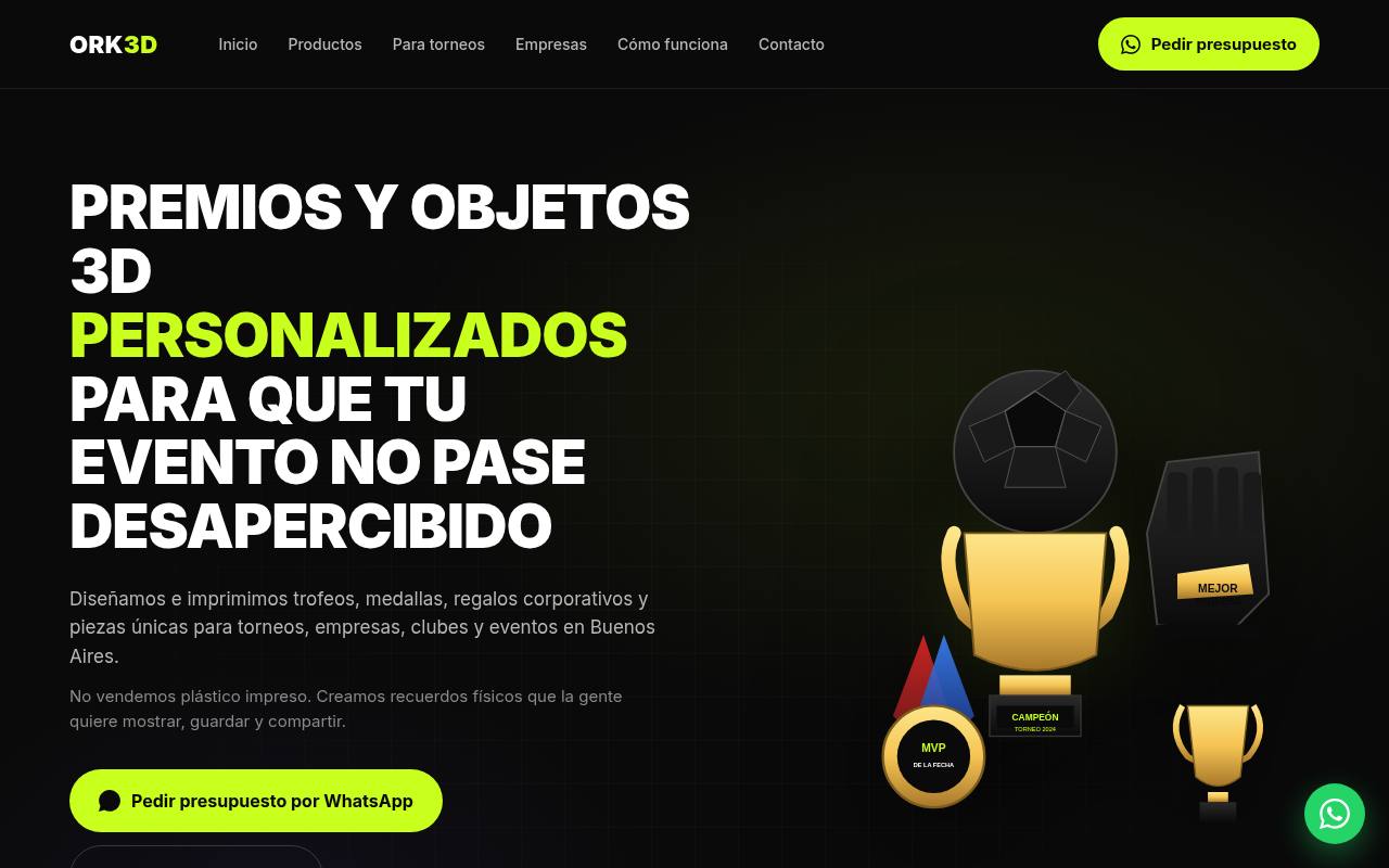 Sitio de Ork3D: premios y objetos 3D personalizados